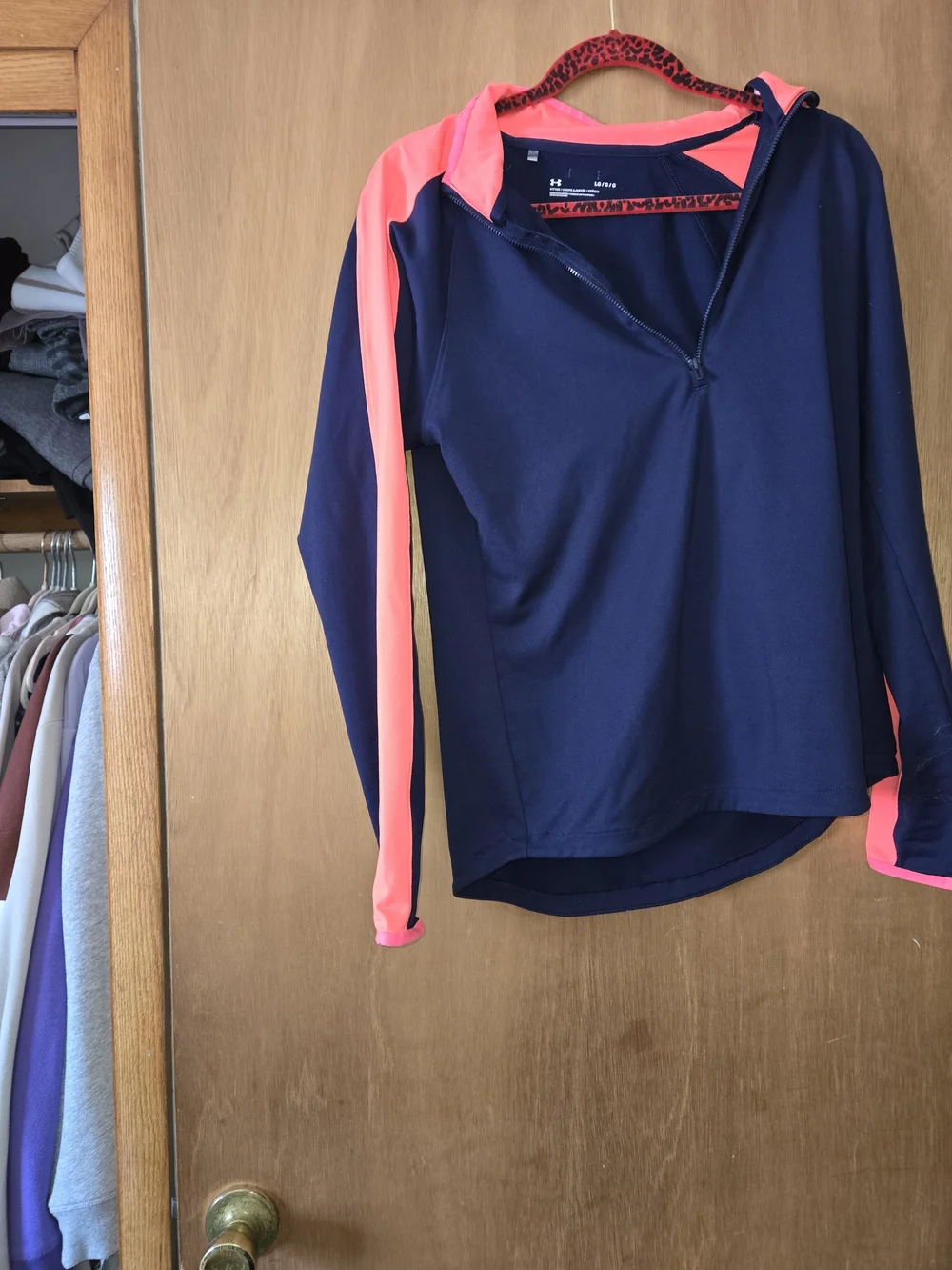 Women's L Under Armour Navy Hoodie with Coral Pink Accents